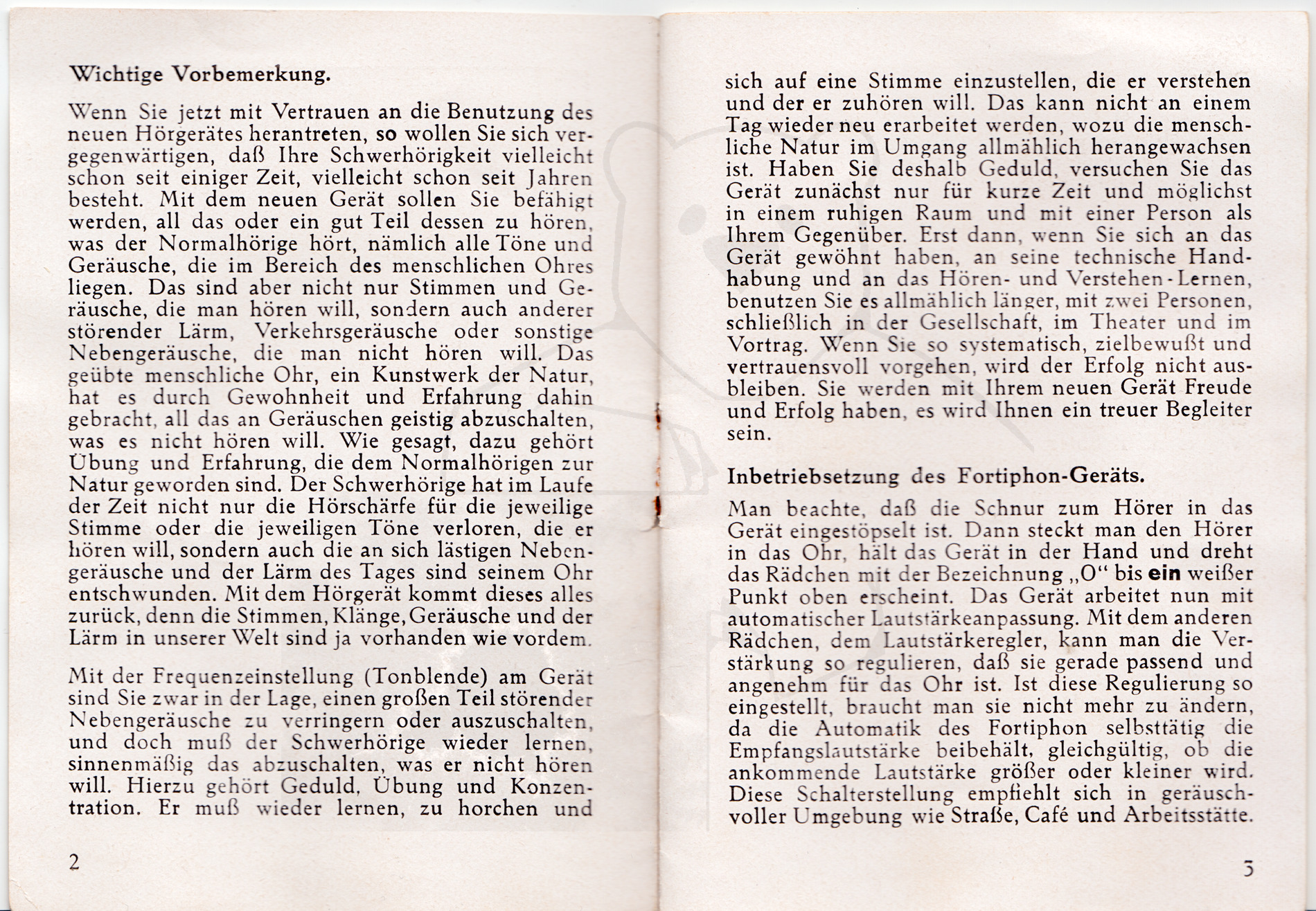 Hörgerät "Fortiphone Type 20", ca. 1949, Anleitung Seite 2 - 3
